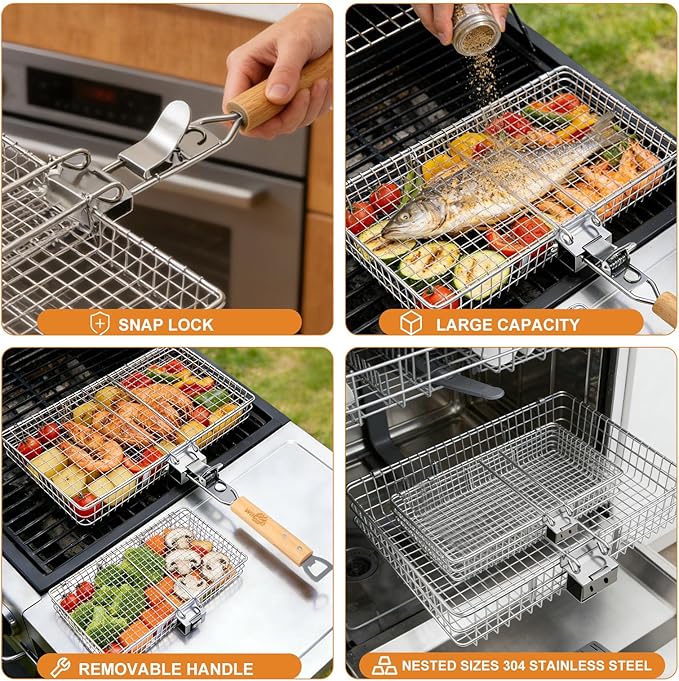 WILLBBQ Grill Basket Set for Camping Outdoor BBQ, Includes 2 Sizes, Removable Divider, Basting Brush, Folding Portable Wooden Handles, Stainless Steel Fish Grilling Veggie Meat Baskets