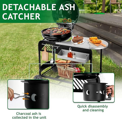 Portable Charcoal Grill with Cart Slide-Out Ash Catcher 21'' BBQ Grill with Porcelain Enamel Lid Thermometer and Wheels Small Charcoal Grills for Outdoor Backyard Camping Iron Black
