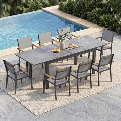 RoyalCraft 9-Piece Outdoor Dining Set with Adjustable Length Dining Table, 92" L×33.5" W Expandable Patio Table and Chairs Set for 8, Aluminum Stackable Chairs with Quick Drying Fabric for Porch, Grey