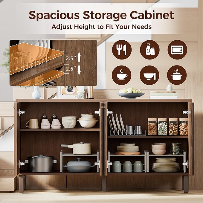 58 inch Sideboard Buffet Cabinet, Modern Credenza with 4 Doors & Adjustable Shelf, Large Coffee Bar Storage for Kitchen, Entryway