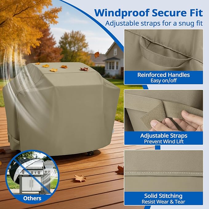 SunPatio BBQ Grill Cover for Outdoor Grill 65 Inch, Heavy Duty Waterproof Barbecue Cover with Sealed Seam, FadeStop All Weather Protection Compatible for Weber CharBroil Nexgrill and More, Taupe