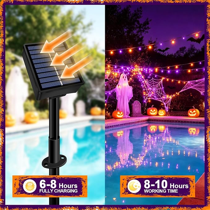 Slyuexu Solar String Lights Outdoor Waterproof 2 Pack Total 66ft 200LED | 8 Modes Twinkle Lights Solar Fairy Lights for Patio, Garden Yard Party Wedding Tree Halloween Decoration, Orange + Purple