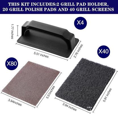 Reallnaive 124 Pcs Griddle Cleaning Kit for Flat Top Grill,Black | Screen Holder, Grill Screens Cleaning Pads, Heavy Duty Abrasive Mesh Pads for Cast Iron, Stainless Steel Griddle Cleaner