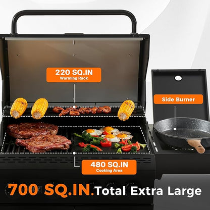 4 Burner Propane Gas Grill with 1 Side Burner, 50,000 BTU Outdoor BBQ Grill, Heavy-Duty Steel Construction, Cast Iron Cooking Grates & Griddle, Backyard Patio Barbecue