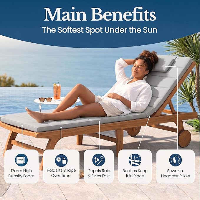 Quilted Chaise Lounge Outdoor Patio Furniture Cushions | Water-Resistant Patio Chair Cushions | Durable, High-Density Foam Outdoor Chair Cushions - Heather Grey, 72"x21" (Chair Not Included)
