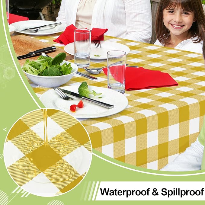 Smiry Picnic Table Cloth, Vinyl Tablecloths with Flannel Backing, 60"x84" | Waterproof Rectangle Table Cloth, Wipeable Buffalo Plaid Table Cover for Indoor and Outdoor (Gold & White)