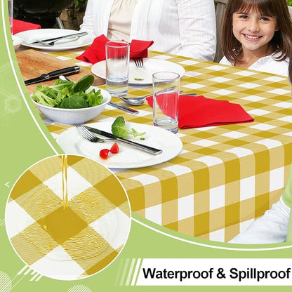Smiry Picnic Table Cloth, Vinyl Tablecloths with Flannel Backing, 60"x84" | Waterproof Rectangle Table Cloth, Wipeable Buffalo Plaid Table Cover for Indoor and Outdoor (Gold & White)