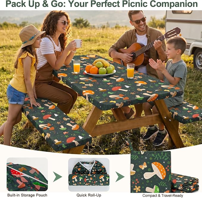 Picnic Table Cover with Bench Covers Windproof Waterproof Picnic Table Covers Camping Tablecloth with Self-Storage Bag, 72in, Black Red