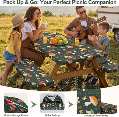 Picnic Table Cover with Bench Covers Windproof Waterproof Picnic Table Covers Camping Tablecloth with Self-Storage Bag, 72in, Black Red