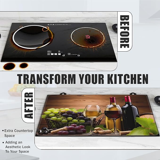 Wine Glasses Glass Top Stove Cover Protector,Farmhouse Grape Wine Bottle Stove Top Covers for Electric Stove,Washable Heat Resistant Cooktop Mat Anti-Slip Range Covers, 28 x 20 Inch