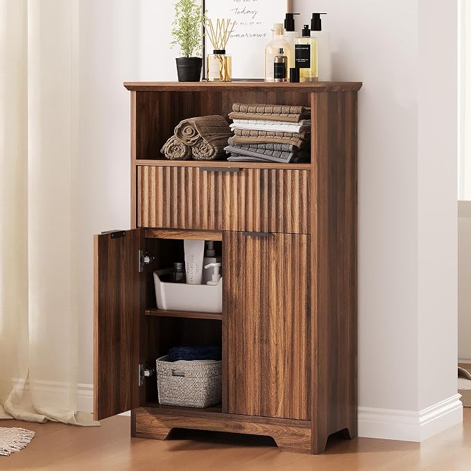 Fluted Buffet Cabinet with Storage, Modern Coffee Bar Cabinet | With Drawer & Adjustable Shelf, Wood Sideboard Cabinet for Kitchen, Bathroom, Entryway and Living Room Walnut