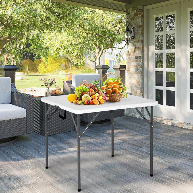 PayLessHere 34" Square Plastic Folding Card Table, Portable Outdoor Dining Table with Collapsible Legs and Carrying Handle,Plastic Tables for Camping,Picnic, Office, Party, White