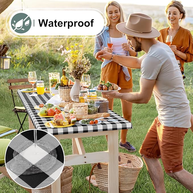 Buffalo Rectangle Picnic Tablecloth, 5 Foot Elastic Fitted Vinyl Table Cloth with Flannel Backing, Waterproof Plaid Table Covers for Dining, Camping, Outdoor (Black and White, 36" x 60")