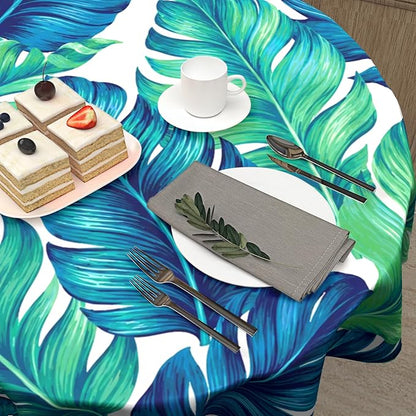 Sweetshow Tropical Tablecloth Round 60 Inches for Summer Green Hawaiian Palm Leaf Round Tablecloth Polyester Washable Circle Table Cover Table Cloth for Kitchen Dining Room Picnic Patio Wedding Party