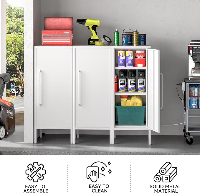 Metal Storage Cabinet with 2 Adjustable Shelves Small Storage Cabinets with Door for Office Kitchen Bathroom Living Room Pantry Garage (White)