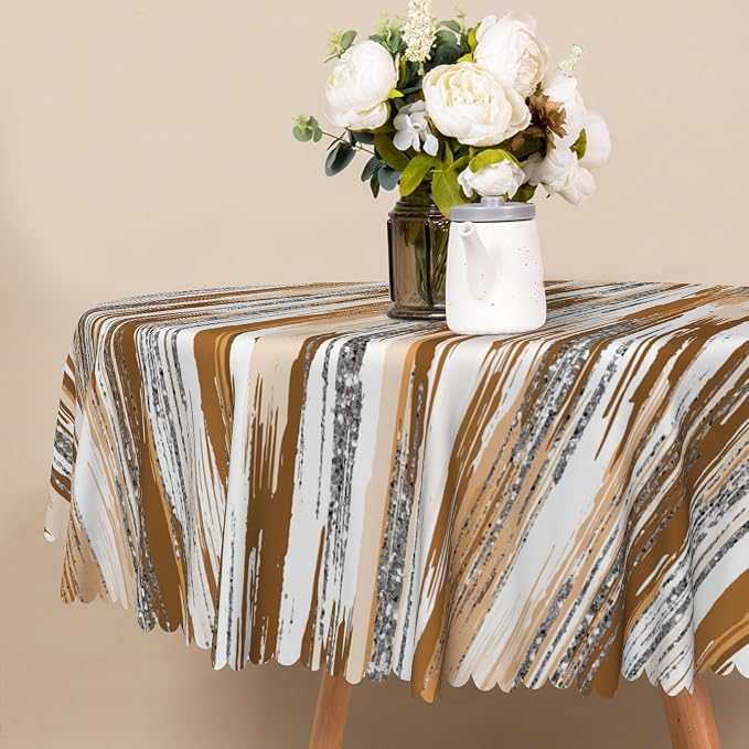 Abstract Striped Round Tablecloth 60 Inch Brown and White Old Texture Grunge Stripes Vintage Mosaic Dust-Proof Circle Table Cover Protector for Home Kitchen Restaurant Picnic Camping BBQ