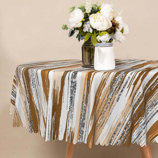 Abstract Striped Round Tablecloth 60 Inch Brown and White Old Texture Grunge Stripes Vintage Mosaic Dust-Proof Circle Table Cover Protector for Home Kitchen Restaurant Picnic Camping BBQ