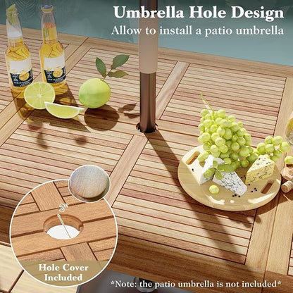 Tangkula 86.5" Large Patio Dining Table for 8, Acacia Wood 8-Person Dining Table with 2" Umbrella Hole & Metal Legs & Adjustable Foot Pads, Rectangular Outside Table for Garden, Poolside & Backyard