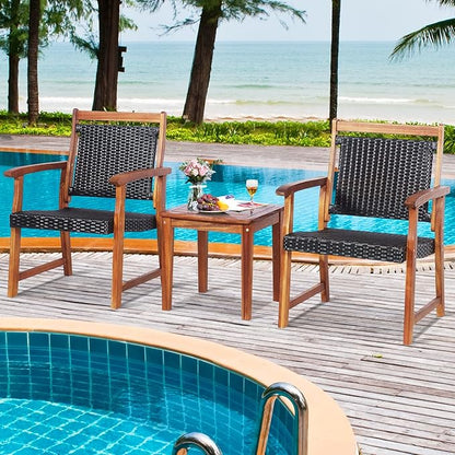 Tangkula 3-Piece Patio Acacia Wood Bistro Set, Patiojoy Outdoor Furniture Set with 2 Chairs & Side Table, Weather Resistant Rattan Garden Conversation Chair Set for Pool Side, Deck, Balcony