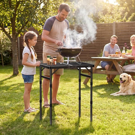 2ft Portable Grill Table, Heat-Resistant Tabletop 3 Heights 27.5" | Aluminum Grill Side Table, Waterproof & Easy to Clean, Lightweight, Portable Handle for Travel Cooking BBQ, 24" x 16", Black