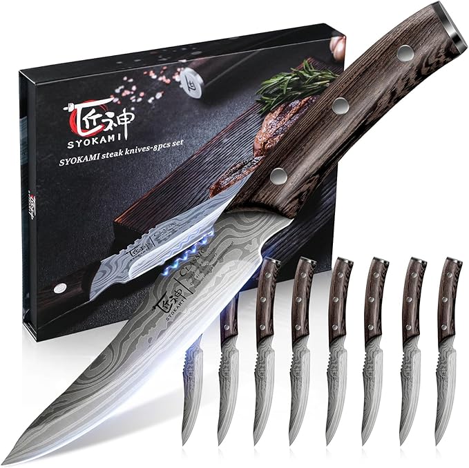 SYOKAMI Steak Knives Set of 8, 4.8 Inch Carbon Steel Japanese Style Non Serrated Dinner knives with Wooden Handle, Damascus Pattern Full Tang Design, Housewarming Holiday Cooking Gifts