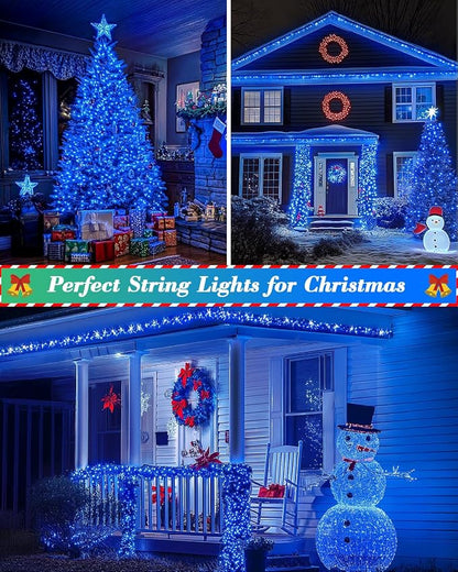 125FT 380LED Blue Christmas Lights, Extra Long Outdoor String Lights Waterproof, Timer & Memory, 8 Modes Dimmable Plug in Fairy Lights for Outside Tree Wedding Patry Holiday Decorations