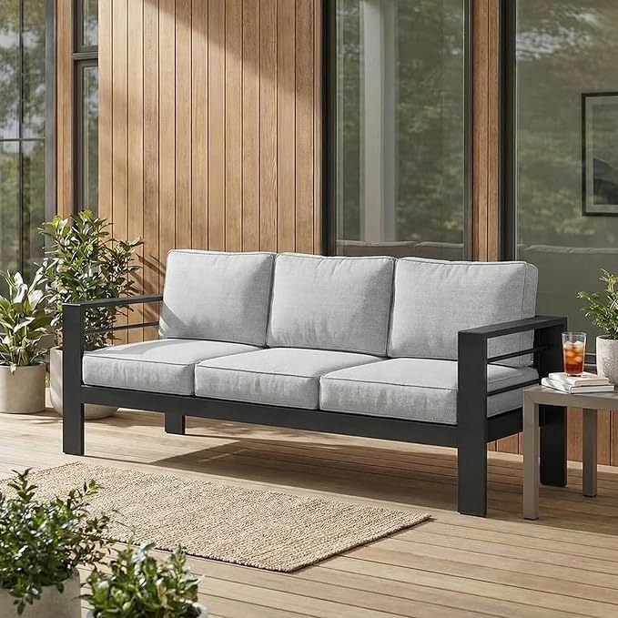 Wisteria Lane Metal Patio Furniture Sofa, All-Weather Outdoor Couch with Upgraded Cushions, Weather-Resistant Heavy Duty Modern Outdoor 3 Seats Sofa for Garden, Balcony, Deck, Backyard, Light Grey