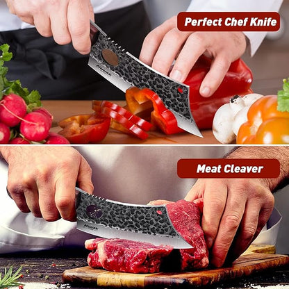 Huusk Meat Cleaver Knife, Hand Forged Butcher Knife for Meat Cutting, Full Tang Viking Knives with Sheath, Japanese Chef Knives for Outdoor Cooking, Camping, BBQ, Father Gift for Man and Women