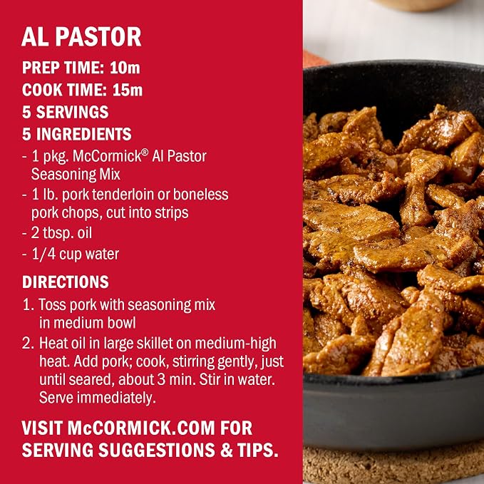 McCormick Seasoning Mix, Al Pastor, Smoky, Tangy & Savory Al Pastor for Tacos, Rice Bowls & Burritos, Ready to Serve In 20 Minutes, 0.75 oz (Pack of 12)