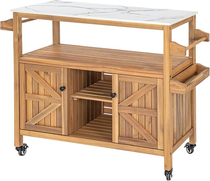 Merax Outdoor Acacia Wood Bar Cart, Natural Finish with Marble-Effect Top | Lockable Wheels & Bottle Holders for Indoor, Outdoor, Patio