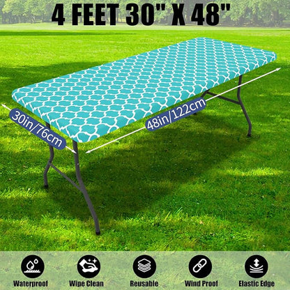 Smiry 2 Pack Rectangle Table Cloth 4 Foot, Waterproof Elastic Fitted Tablecloths, Windproof Washable Polyester Table Cover for Picnic, Camping, Outdoor (Aqua, 30"x48")