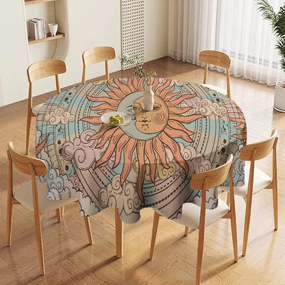 Retro Sun Moon Round Tablecloth Vintage Mystical Astrology Tarot Zodiac Galaxy Space Table Cloth Water Resistant Wipeable Table Cover for Farmhouse Picnic Party Holiday Kitchen Dinner Table 36"