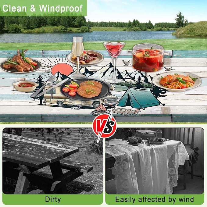 JAWO Camper RV Picnic Table Cover with Bench Covers, Camping Essentials Gear Supplies Outdoor Waterproof Windproof Tablecloth with Elastic, 30X96in