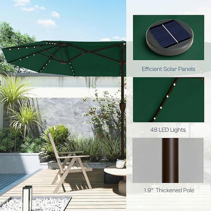 15ft Large Patio Umbrella with Solar Lights and Base, Double-Sided Outdoor Rectangle Umbrella with 48 LED Lights, Market Table Umbrellas with UV Resistant Canopy