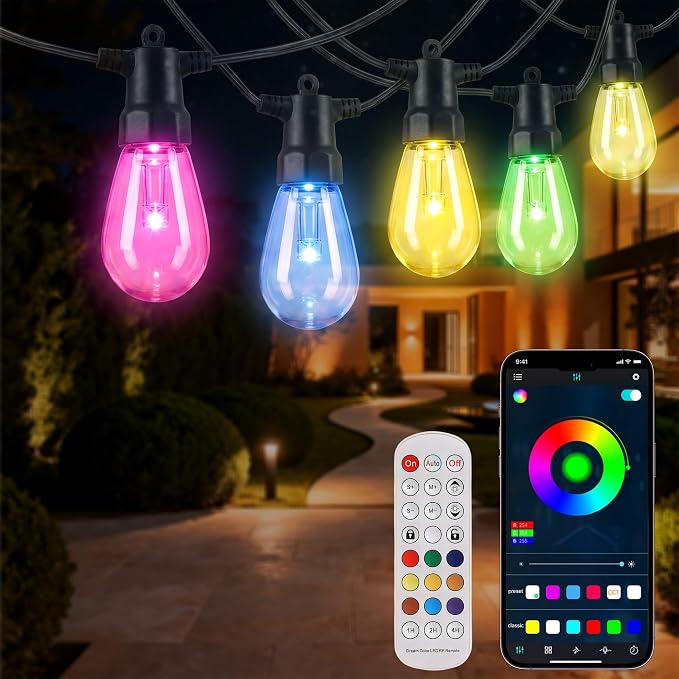 Smart Outdoor String Lights, 100FT (50FT*2) RGB Color Changing Patio Lights with Timer, 21-Key RF Remote and Bluetooth, IP65 Waterproof Shatterproof LED Lights for Backyard Balcony Garden Party Decor