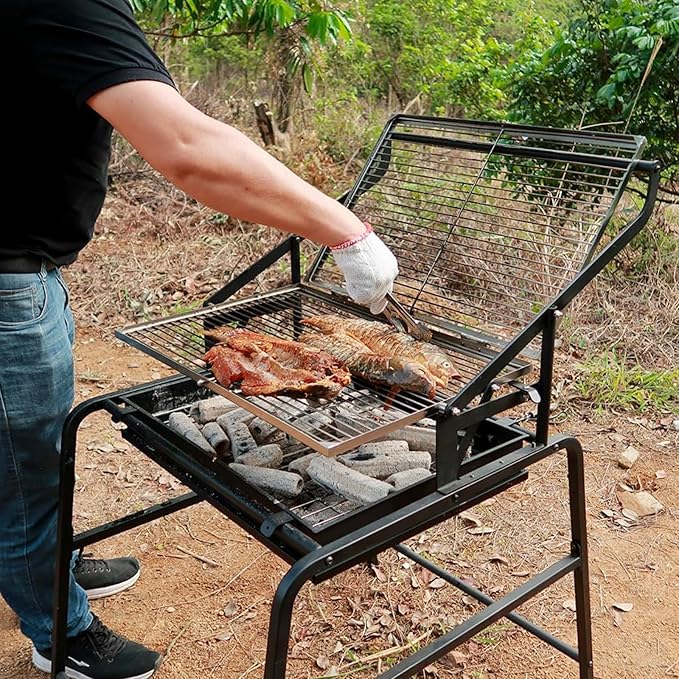 360° Rotating Grill with Adjustable Charcoal Tray, Portable Charcoal Grill Featuring Large Stainless Steel Cooking Grate for Picnics, Camping, and Gatherings