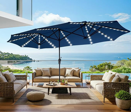 SUPERJARE 13ft Outdoor Patio Umbrella with Solar Lights, Double-sided Deck Pool Umbrella with 1.5 Inch Pole, Fade Resistant Canopy, 12 Sturdy Ribs, for Porch, Market, Backyard, Navy Blue(No Base)