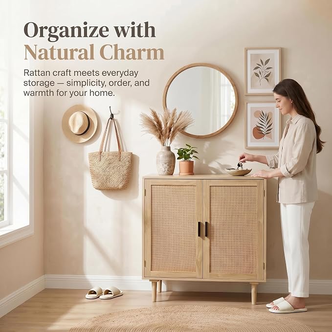 Finnhomy Sideboard Buffet Cabinet, Kitchen Storage Sideboard with Rattan Decorated Doors, Liquor Coffee Buffet, Dining Room, Hallway, Console Table, Accent Cabinet, 31.5X 15.8X 34.6 Inches, Natural