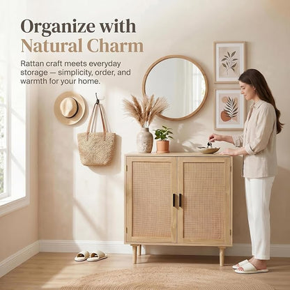Finnhomy Sideboard Buffet Cabinet, Kitchen Storage Sideboard with Rattan Decorated Doors, Liquor Coffee Buffet, Dining Room, Hallway, Console Table, Accent Cabinet, 31.5X 15.8X 34.6 Inches, Natural