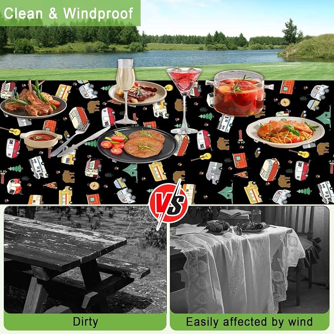 JAWO Picnic Table Cover with Bench Covers and Bag, Camping Rv Essentials, Waterproof Windproof Fabric, Fitted Tablecloth Cover with Elastic Edge, 3 PCS, 30x60 Inch, Black