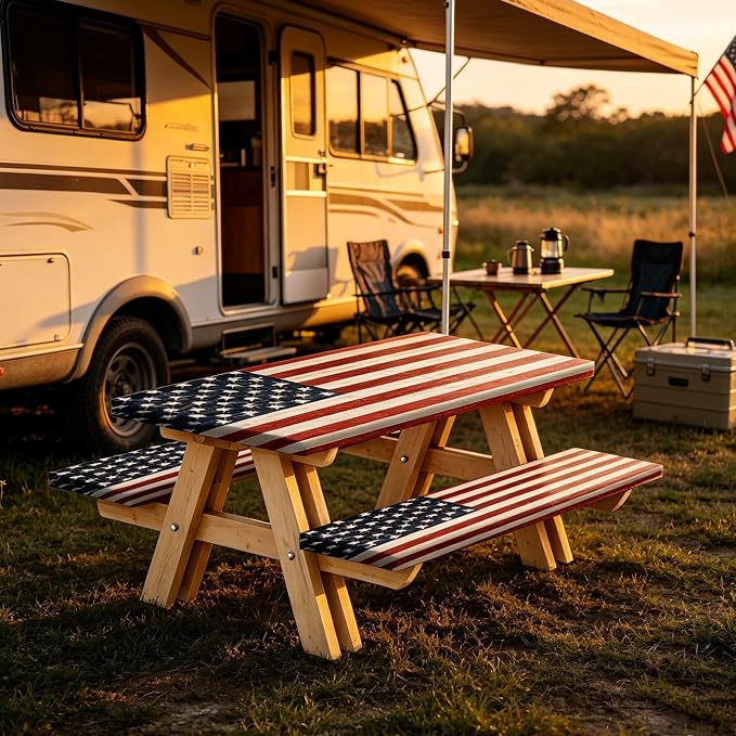 JAWO Fitted Picnic Table and Bench Cover, Vintage American Flag Pledge of Allegiance Print Waterproof Elastic Picnic Tablecloth for Outdoor Patio Camping Backyard Park, 30X72inch