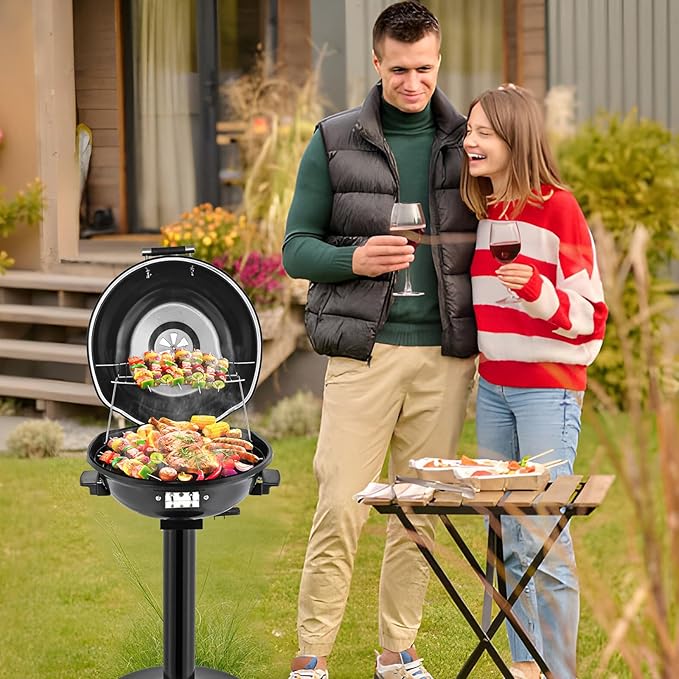 ROVSUN 1600W Vertical Electric Grill with Lid, Red 304 Stainless Steel Grill w/Detachable Pull-out Drip Tray, Double Layer Design, Portable & Removable, for Indoor and Outdoor Use (Black Vertical)