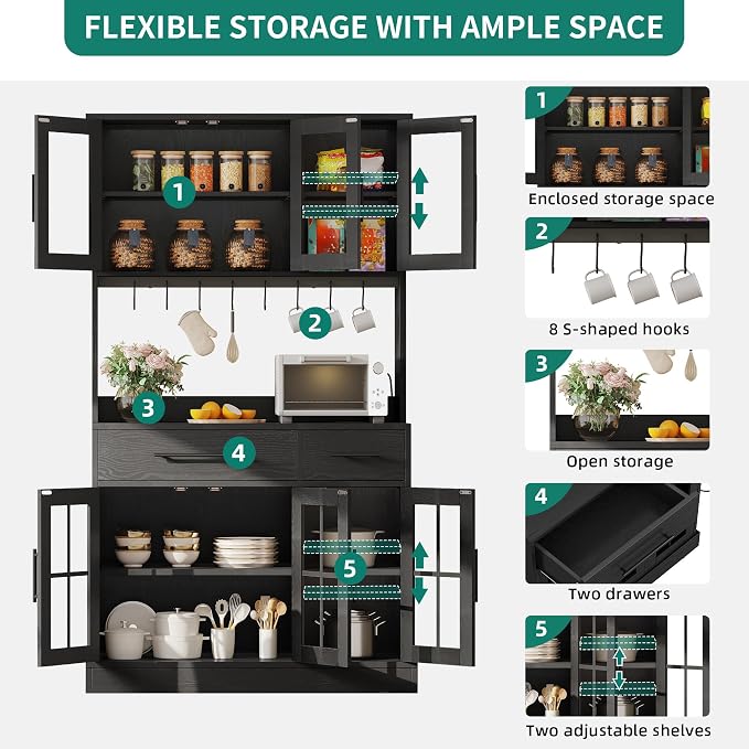 YITAHOME 71'' Kitchen Pantry Storage Cabinet with Microwave Stand, Tall Freestanding Hutch Cabinet with Power Outlet, Pantry Cabinets with Buffet Cupboard, Drawers and Acrylic Doors for Home, Black | Tall Freestanding Hutch Cabinet with Power Outlet, P...