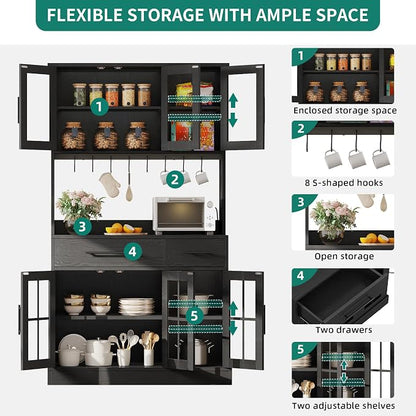 YITAHOME 71'' Kitchen Pantry Storage Cabinet with Microwave Stand, Tall Freestanding Hutch Cabinet with Power Outlet, Pantry Cabinets with Buffet Cupboard, Drawers and Acrylic Doors for Home, Black | Tall Freestanding Hutch Cabinet with Power Outlet, P...