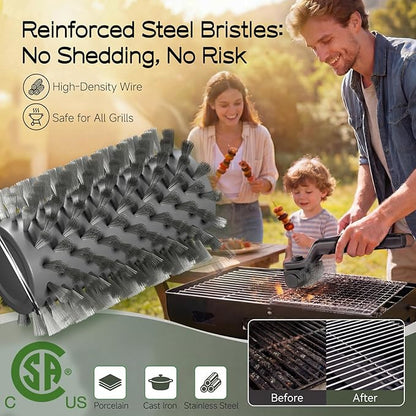 Electric Grill Brush, 20kg High Torque BBQ Cleaner with 3 Speed Modes, Reinforced Steel Bristle Scrubber, Type-C Rechargeable, Safe for Cast Iron & Porcelain Grates
