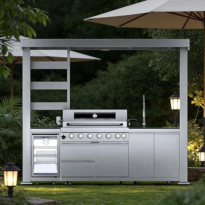 REDNGO 108-Inch 6-Burner 85000 BTU Stainless Steel Propane Gas Grill Outdoor Kitchen Island with Canopy,648Sq.In Cooking Area,Wine Cooler,Refrigerator,Rotisserie,for Backyard BBQ,Silver
