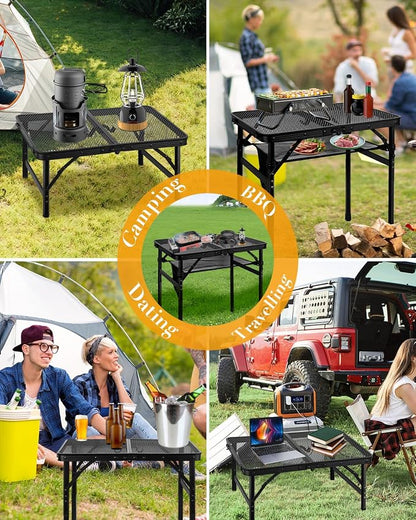 Honagu Folding Grill Table, Height Adjustable Metal Picnic Outdoor Table, Portable Camping Table for Outdoor Camping, Patio, Dining, BBQ, Party, Travel Cooking,Small 23.6"×15.7"Lightweight, Waterproof