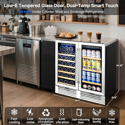 BODEGACOOLER Wine and Beverage Refrigerator,30 Inch Under Counter Commercial Beverage Refrigerator, Large Capacity Back Bar Cooler With 2 Glass Doors,LED Lighting Display Beer Wine Soda Drinks.
