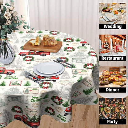 Xmas Red Truck Table Cloth Round Newbridge Green Xmas Pine Hill Tree Tablecloth 70 Inch Decor Washable Stain and Wrinkle Resistant Winter Round Table Cover for Dining Picnic