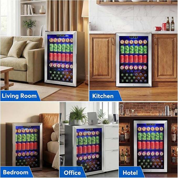 FoMup Beverage Refrigerator 150 Can with Glass Door – Mini Drink Cooler with Reversible Door, Safety Lock & Temperature Control, Small Fridge for Beer Soda Wine, Compact for Dorm Office Hotel
